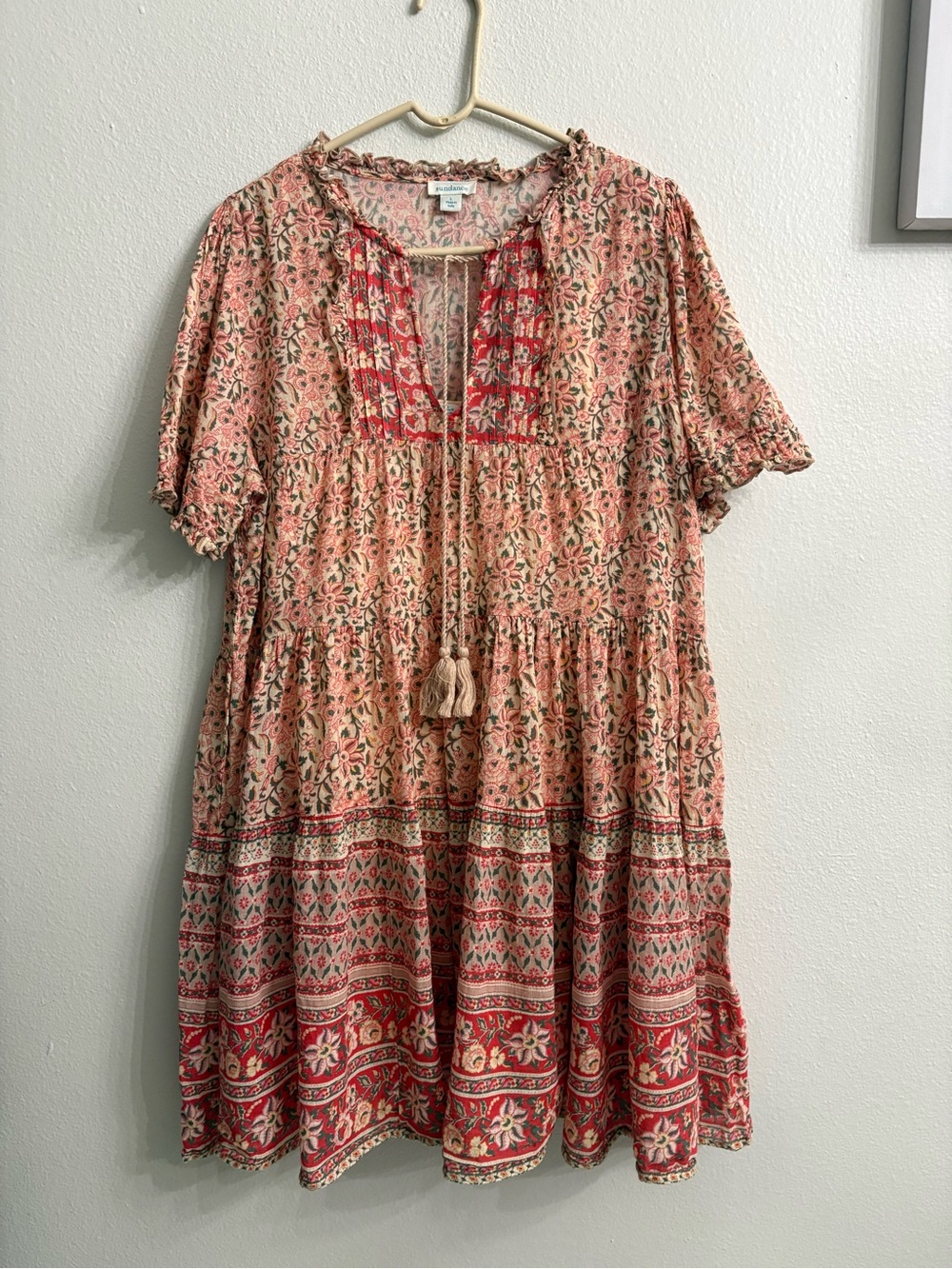 Sundance Pink Floral Boho Tiered Dress with Red Accents